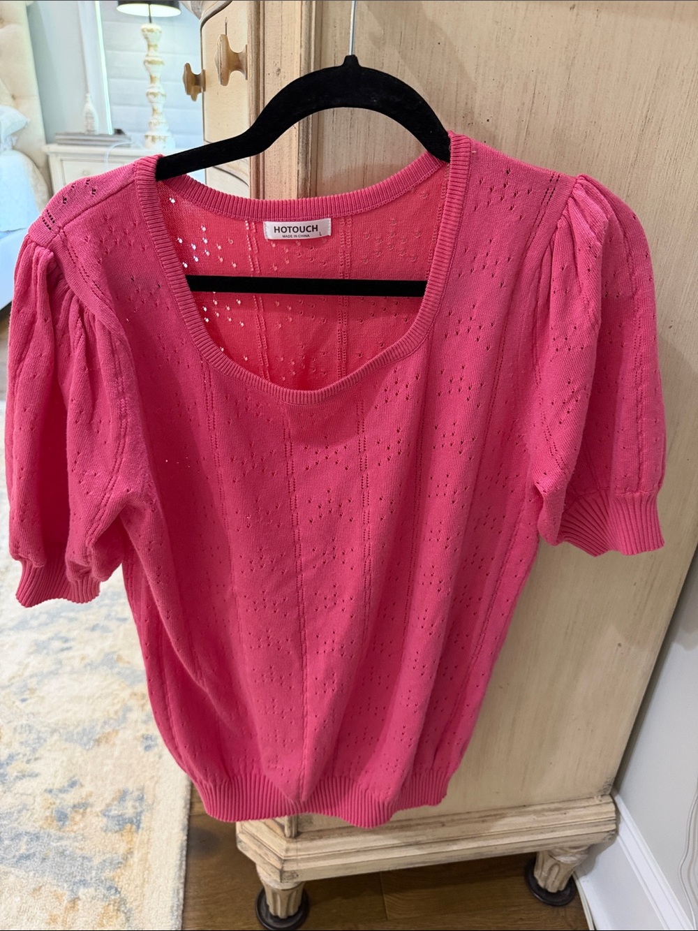 HOTOUCH Pink Pointelle Puff-Sleeve Short Sleeve Knit Top